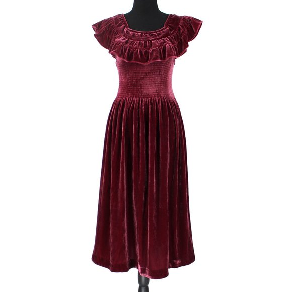 Hill House Akilah Nap Dress Burgundy Velvet Ruffle Trim Midi Dress X-Small NEW